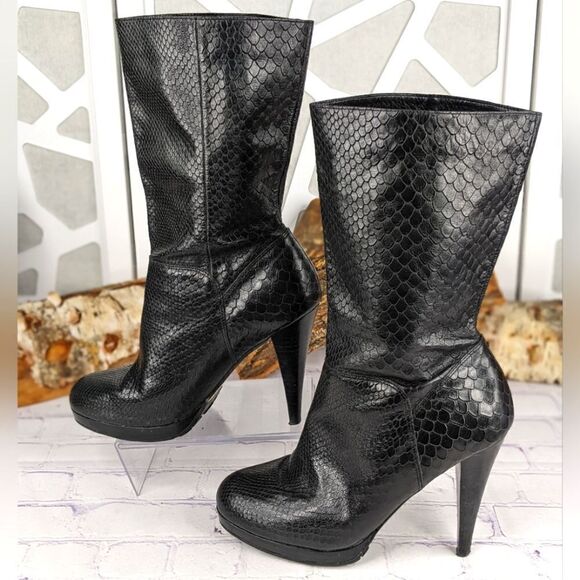 Cole Haan Nike Air Snakeskin Embossed Black Leather Boots with Stiletto Heels - Picture 3 of 10